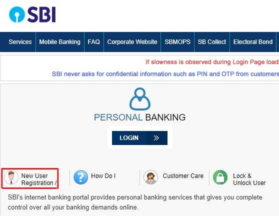 SBI Net Banking Registration - Click on the New User Registration
